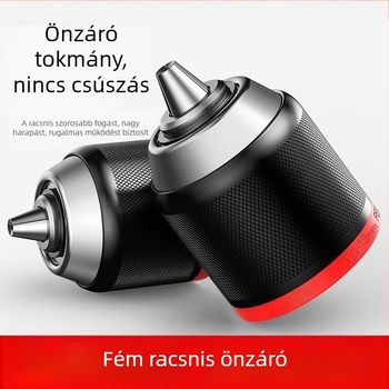 Akkumulátoros kézi fúró, fém mandrinnel, automatikus záródás, háromszájú mandrin, fúrókészlet