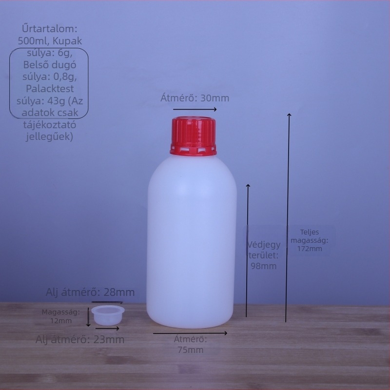 Kis nyílású műanyag reagensepalack, 500 ml vagy 1000 ml, lopás elleni kupakkal és belső dugóval