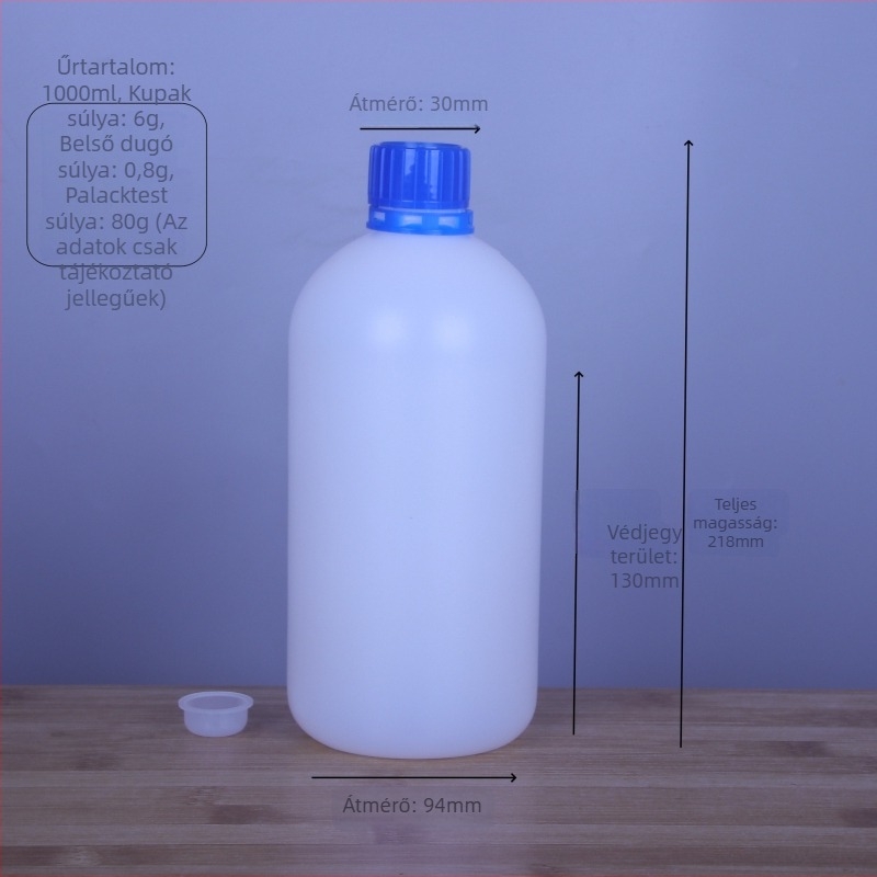 Kis nyílású műanyag reagensepalack, 500 ml vagy 1000 ml, lopás elleni kupakkal és belső dugóval
