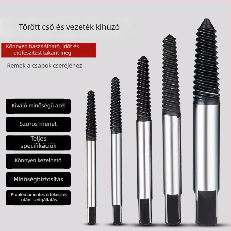 Csapventisztó menetes kinyerő négy- és hatszögű kivonókkal, dupla fejű fordított menetkivonó törött vízvezetékekhez