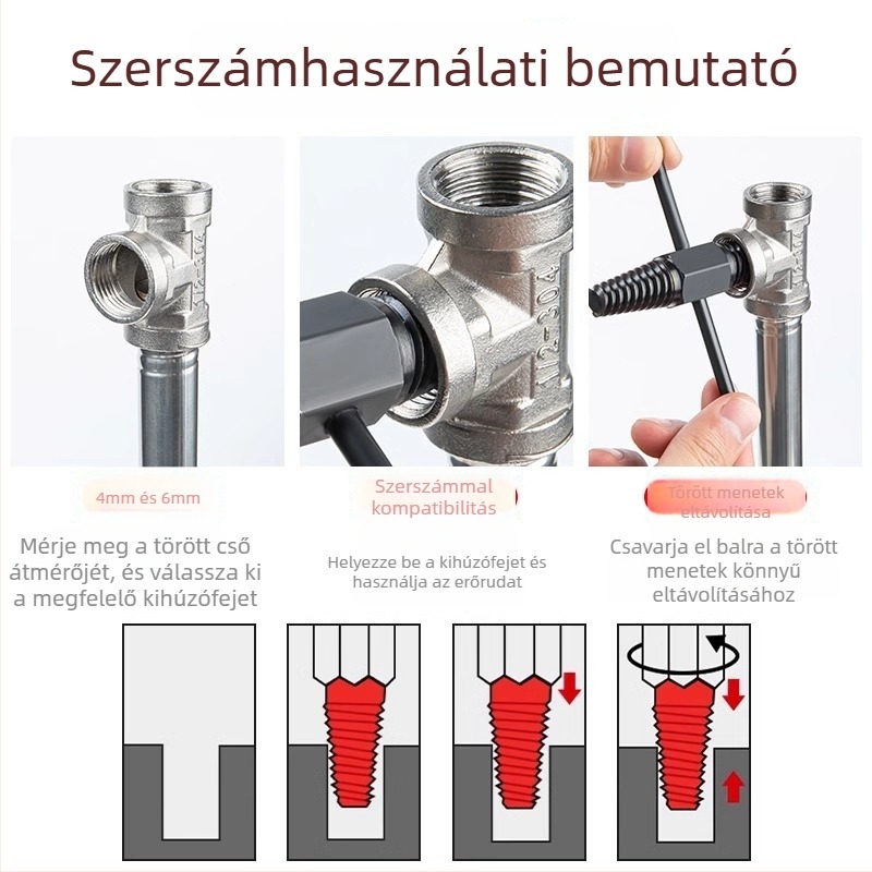 Csapventisztó menetes kinyerő négy- és hatszögű kivonókkal, dupla fejű fordított menetkivonó törött vízvezetékekhez