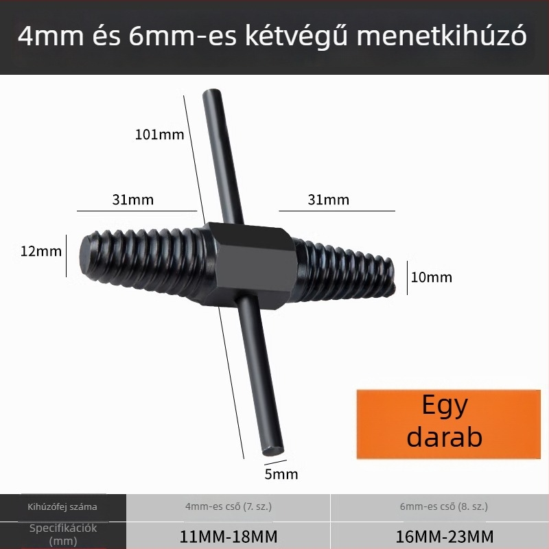 Csapventisztó menetes kinyerő négy- és hatszögű kivonókkal, dupla fejű fordított menetkivonó törött vízvezetékekhez