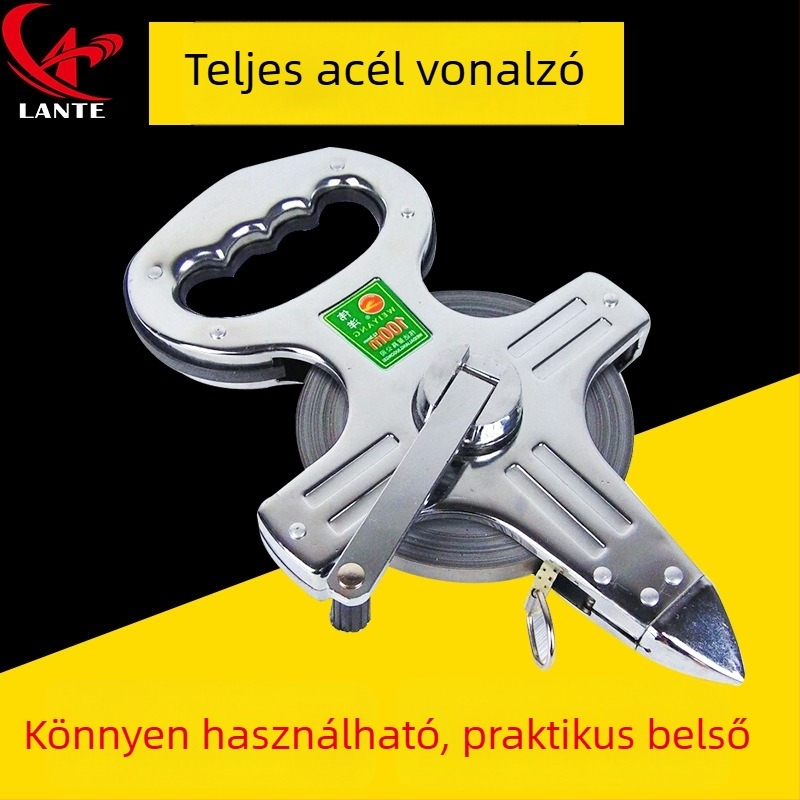 Mérnöki célú hordozható acélkeretes mérőszalag, rozsdamentes acélból, 50/100 m, kézi hajtású, földre szúrt tartóval