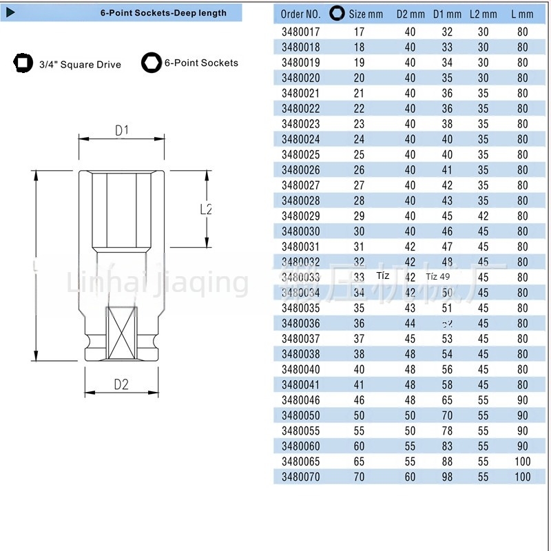 3/4 hüvelykes nehéz hosszú socket fej pneumatikus ütőhöz, 80 mm hosszú, hex 17–41 mm