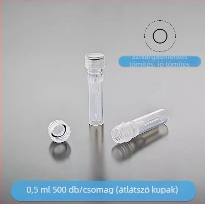 Egyszer használatos műanyag kriotubus kapussal és skálával, csavaros kupakkal, álló, zárt fagyasztócső, 0,5 ml