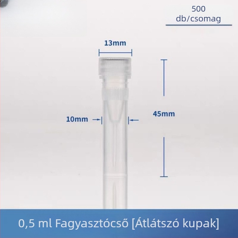 Egyszer használatos műanyag kriotubus kapussal és skálával, csavaros kupakkal, álló, zárt fagyasztócső, 0,5 ml