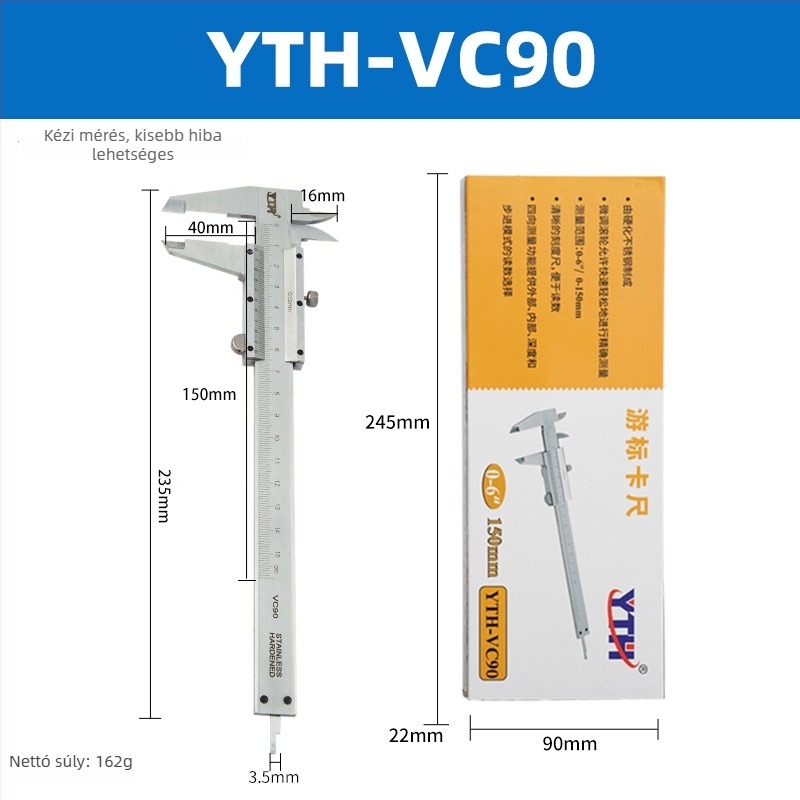 YTH-VC92 Rozsdamentes acélból készült digitális tolómérő, elektronikus kijelzővel, mélység, belső és külső átmérő mérésére, 150 mm kapacitás