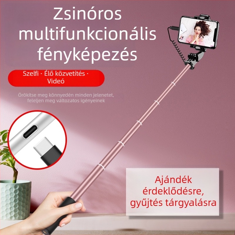 Kábeles vezérlésű selfie bot, hosszabbított, harmadik generáció, alumínium ötvözet, kézben tartható, összecsukható, univerzális élő közvetítéshez és fényképezéshez