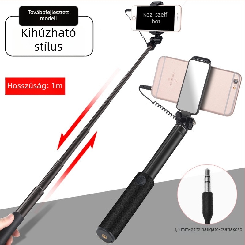 Kábeles vezérlésű selfie bot, hosszabbított, harmadik generáció, alumínium ötvözet, kézben tartható, összecsukható, univerzális élő közvetítéshez és fényképezéshez