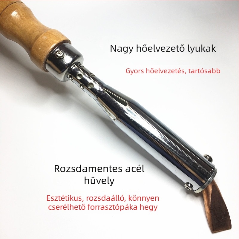 Kebao márkájú külső fűtésű forrasztóvas, fa markolattal és hajlított réz fejjel, 35–500W