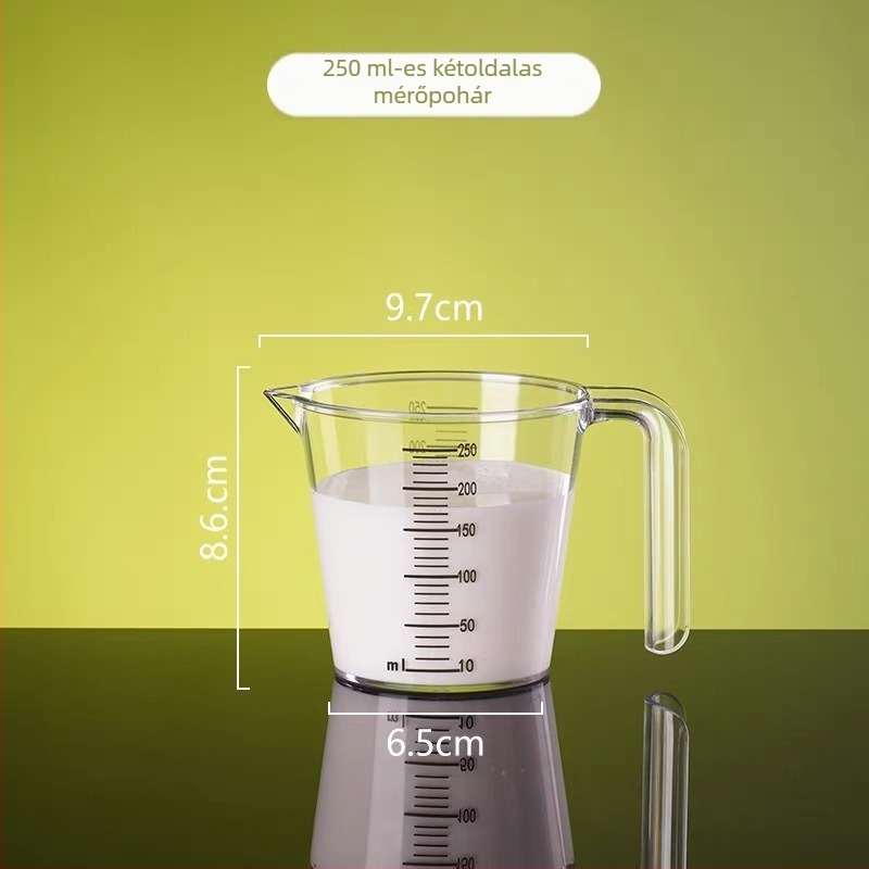 Kétoldalas graduált műanyag mérőedény tojás felveréséhez és sütéshez, 250/500 ml kapacitás