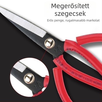 Daji bőr- és ruhavágó olló, nagy méret, magas széntartalmú acél, fekete felületkezelés, egyenes él, 10 cm-es penge, 21 cm-es teljes hossz
