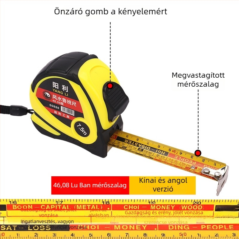 Hiteles Luban mérőszalag Feng Shui, Birodalmi Palota, 46.08, szélesség 7,5 mm, hossz 10 m, nagy pontosság