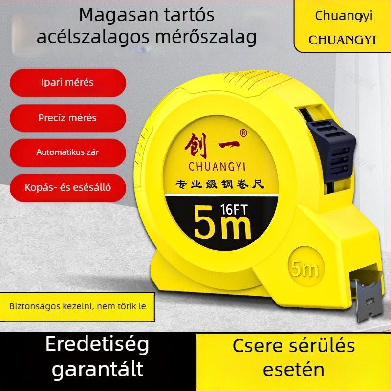 5 méteres mérőszalag tokkal, Rozsdamentes acélból, edzett vastag szalag, magas precizitás