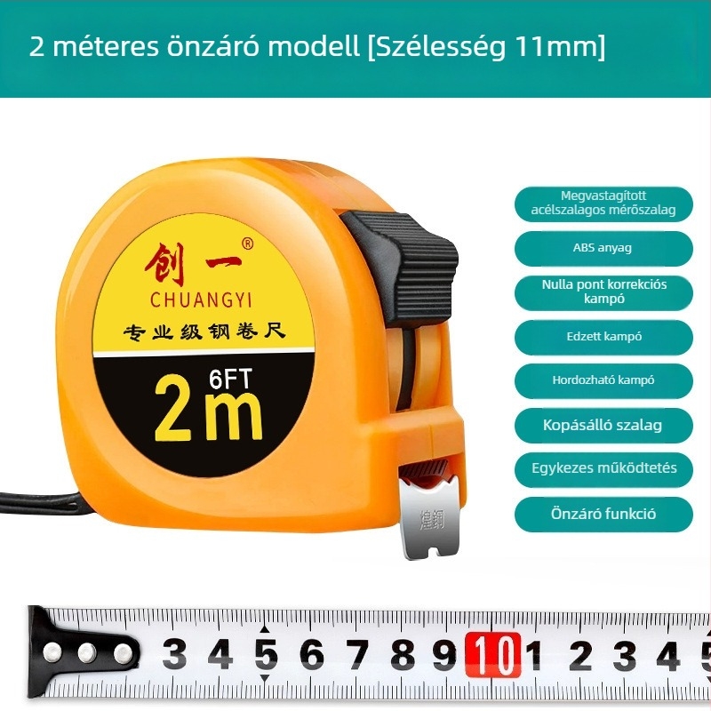 5 méteres mérőszalag tokkal, Rozsdamentes acélból, edzett vastag szalag, magas precizitás