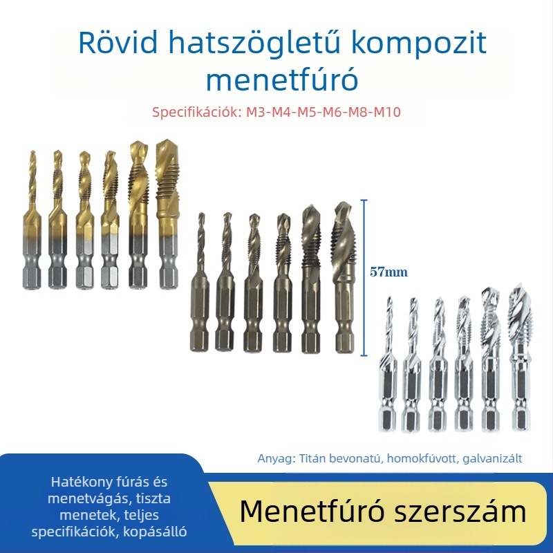 Titánium bevonat rövid menetfúró, 6 darabos készlet, 3 az 1-ben gépi használatra