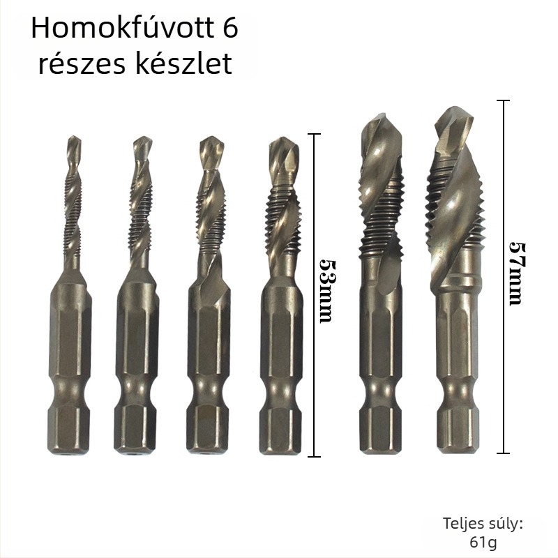 Titánium bevonat rövid menetfúró, 6 darabos készlet, 3 az 1-ben gépi használatra