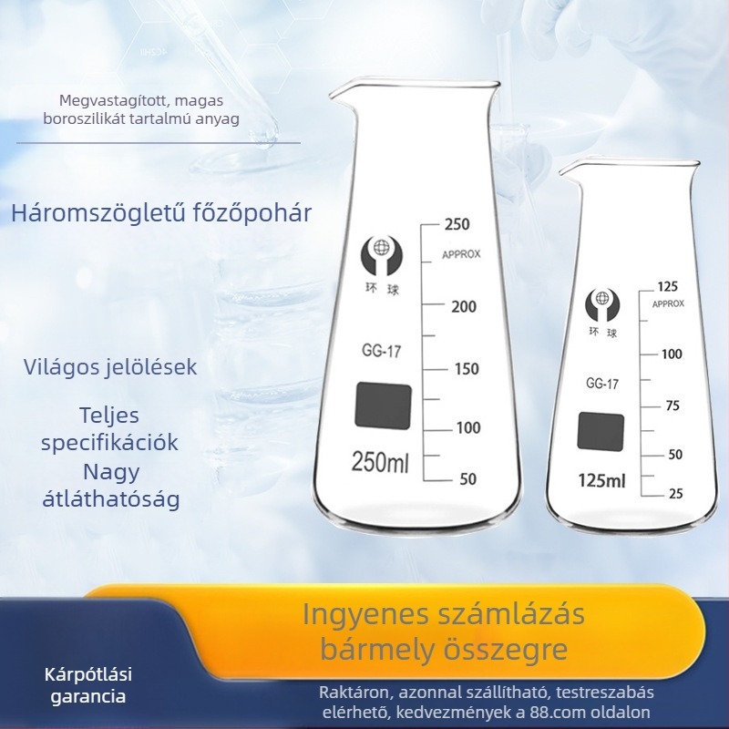 Univerzális háromszög alakú laboratóriumi pohár, 125/250/500 ml, vastag falú, átlátszó, fokozatos mérőkkel, konikus nyílású