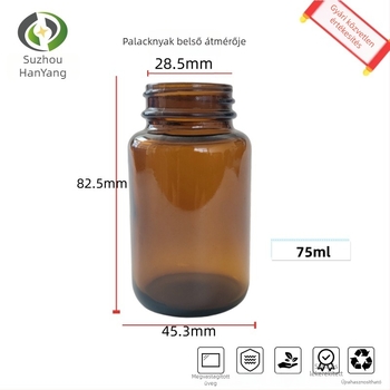 75 ml sötétbarna üveg széles nyakkal – reagensek és kapszulák tárolására, gyógyszerportok és egészségügyi kiegészítők számára