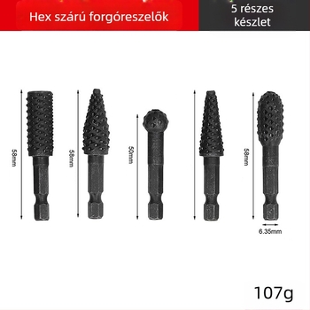 5 darabos forgófa‑fájl készlet farkasfogakkal; 10 darabos forgófa‑fájl készlet fa csiszolására, hexagonális markolattal és elektromos csiszolófejekkel