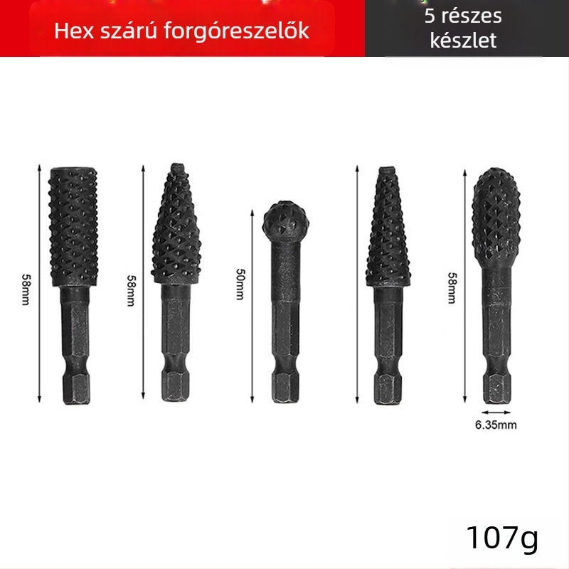 5 darabos forgófa‑fájl készlet farkasfogakkal; 10 darabos forgófa‑fájl készlet fa csiszolására, hexagonális markolattal és elektromos csiszolófejekkel