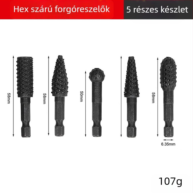 5 darabos forgófa‑fájl készlet farkasfogakkal; 10 darabos forgófa‑fájl készlet fa csiszolására, hexagonális markolattal és elektromos csiszolófejekkel