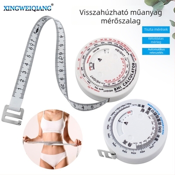 Kinyúló műanyag mérőszalag kettős skálával, BMI egészségindex, hossz 1,5 m