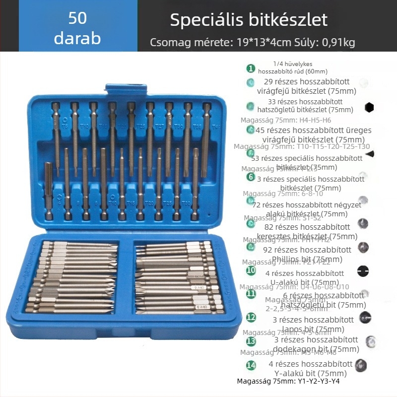Elektromos csavarhúzó króm-vanádium acél bitkészlettel, teljes készlet 50 darab vagy 36 darab