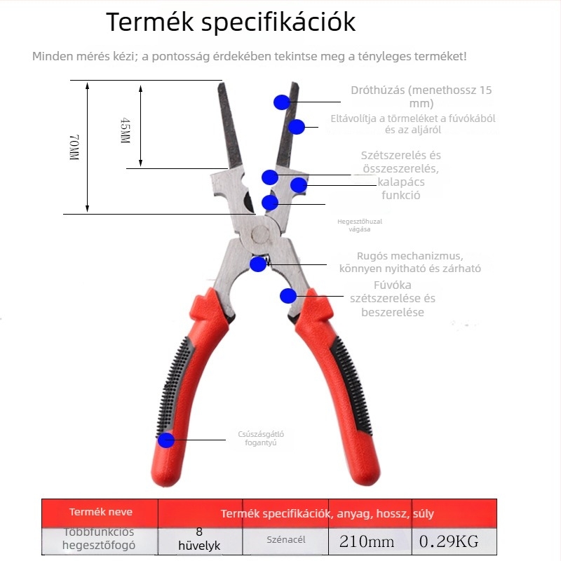 Gázvédett ívhegesztő fogó TIG és CO2 hegesztéshez, huzalvágóval és kalapáccsal