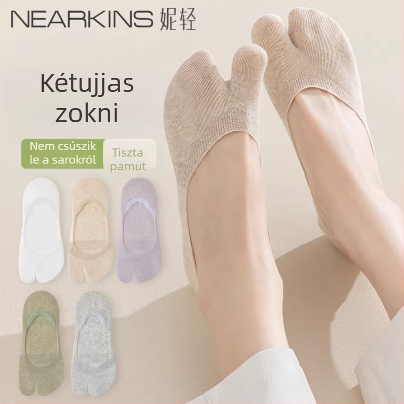 Női nyári vékony zokni osztott lábujjakkal, két ujjas csónak zokni, csúszásmentes, pamutból, nedvszívó, lélegző, alacsony szárú, láthatatlan zokni
