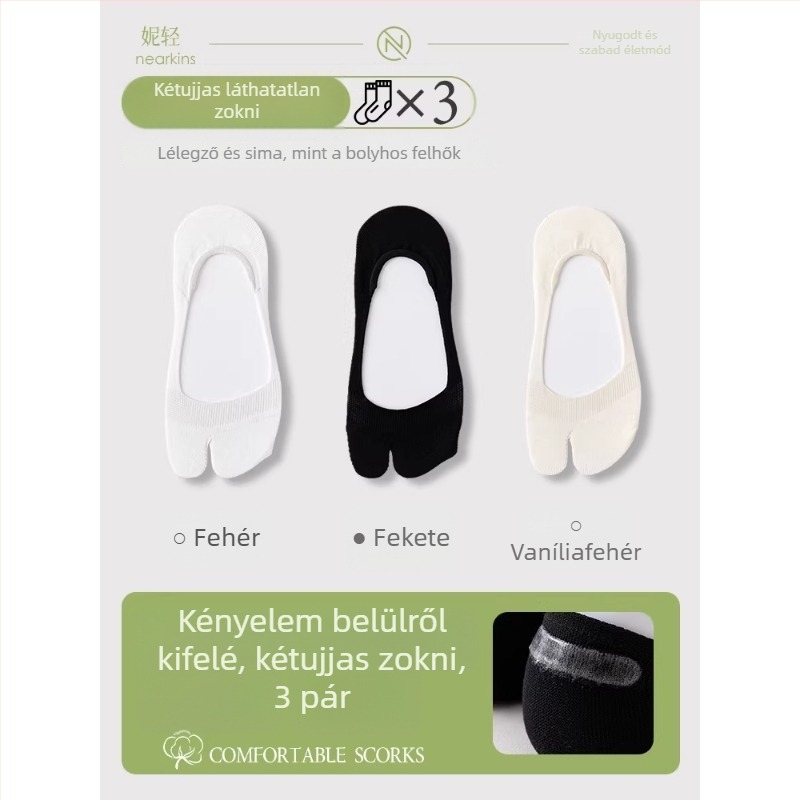 Női nyári vékony zokni osztott lábujjakkal, két ujjas csónak zokni, csúszásmentes, pamutból, nedvszívó, lélegző, alacsony szárú, láthatatlan zokni