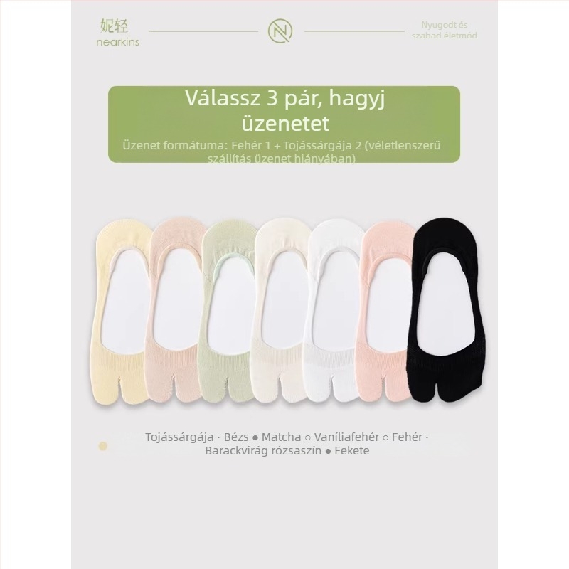 Női nyári vékony zokni osztott lábujjakkal, két ujjas csónak zokni, csúszásmentes, pamutból, nedvszívó, lélegző, alacsony szárú, láthatatlan zokni