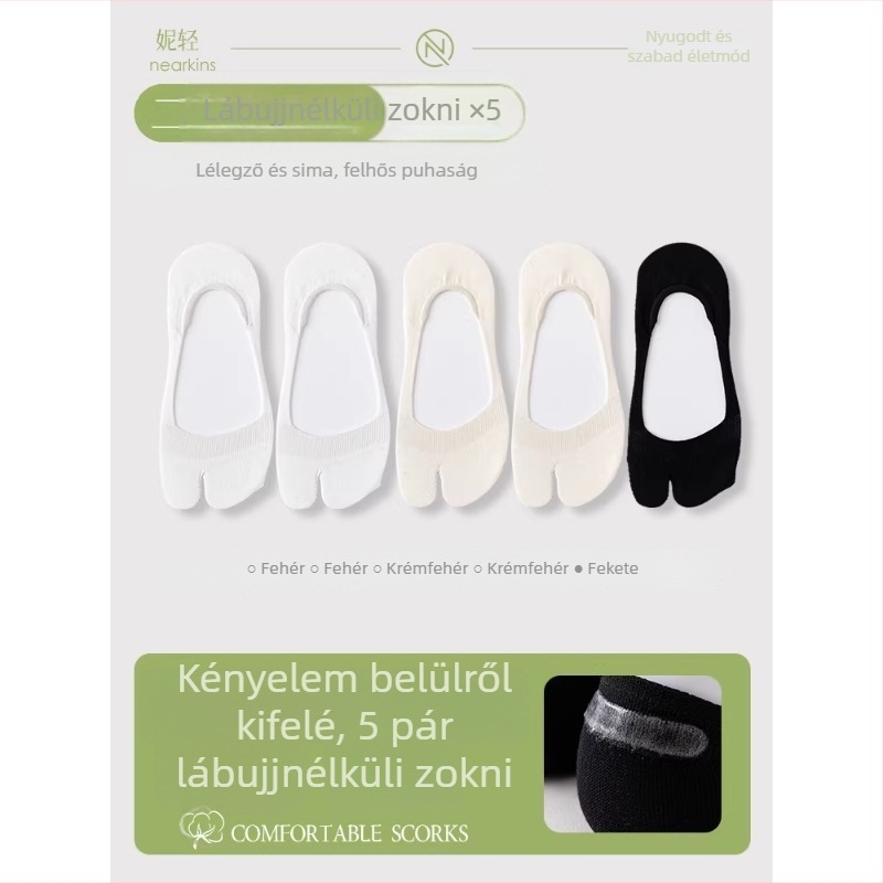 Női nyári vékony zokni osztott lábujjakkal, két ujjas csónak zokni, csúszásmentes, pamutból, nedvszívó, lélegző, alacsony szárú, láthatatlan zokni