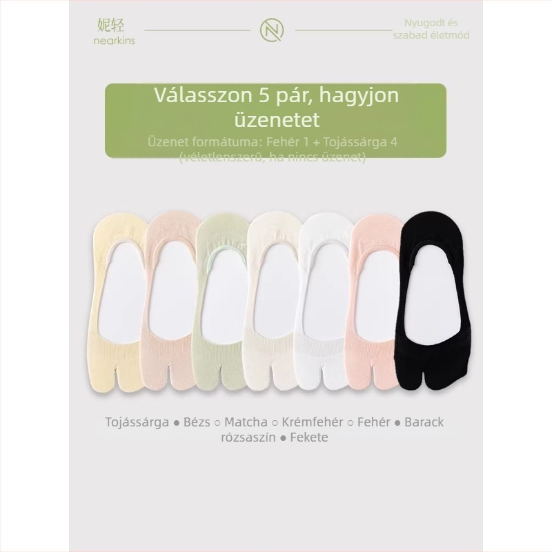 Női nyári vékony zokni osztott lábujjakkal, két ujjas csónak zokni, csúszásmentes, pamutból, nedvszívó, lélegző, alacsony szárú, láthatatlan zokni