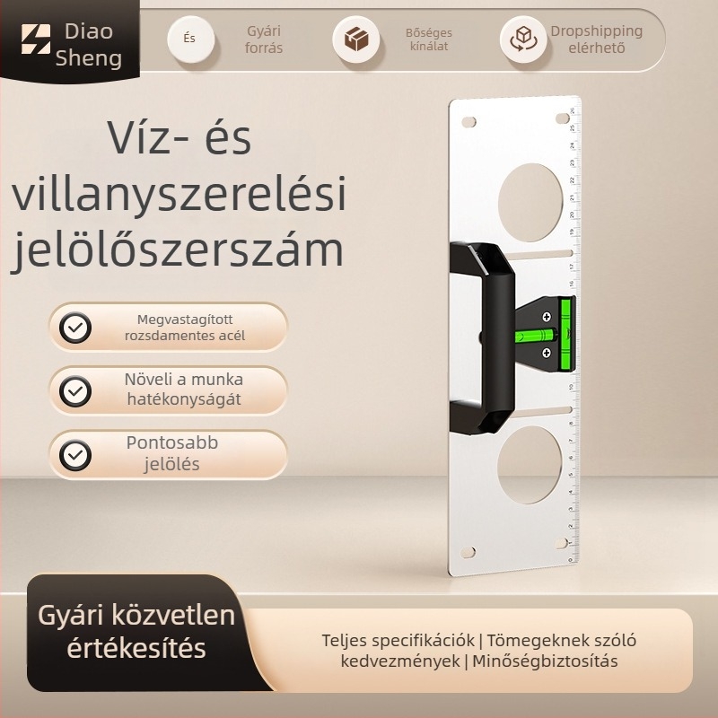 Rozsdamentes acél elektromos doboz pozicionáló eszköz 118/86, doboz sablon, hornyok készítéséhez szintmérővel
