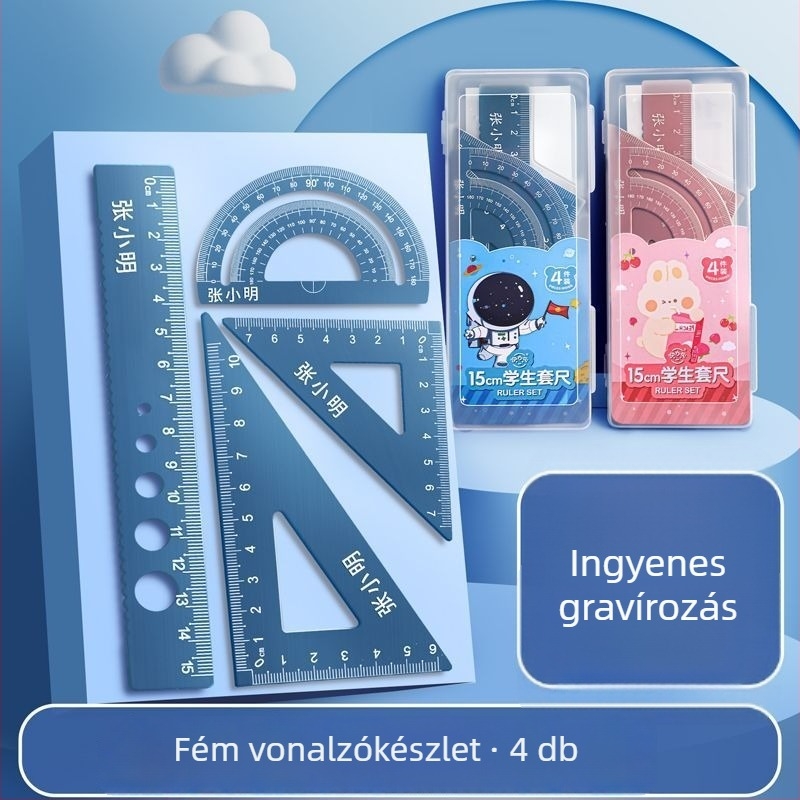 Gravírozott alumínium ötvözetű vonalzó készlet általános iskolások számára – egyenes vonalzó, szögmérő, háromszög vonalzó – négy darabos készlet