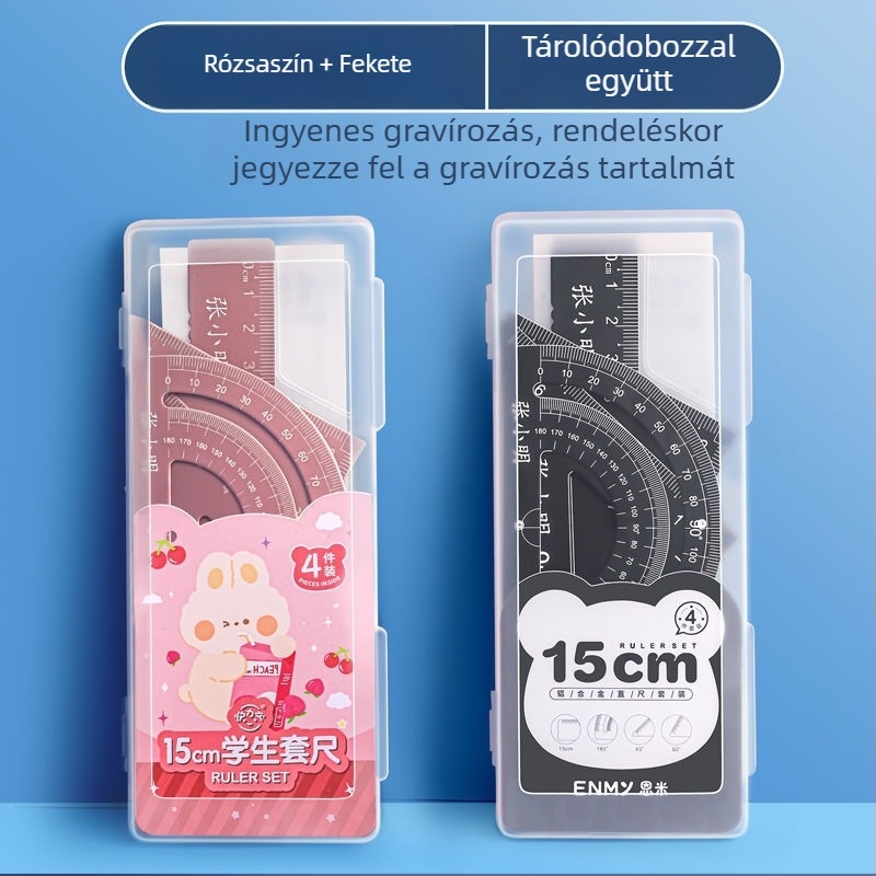 Gravírozott alumínium ötvözetű vonalzó készlet általános iskolások számára – egyenes vonalzó, szögmérő, háromszög vonalzó – négy darabos készlet