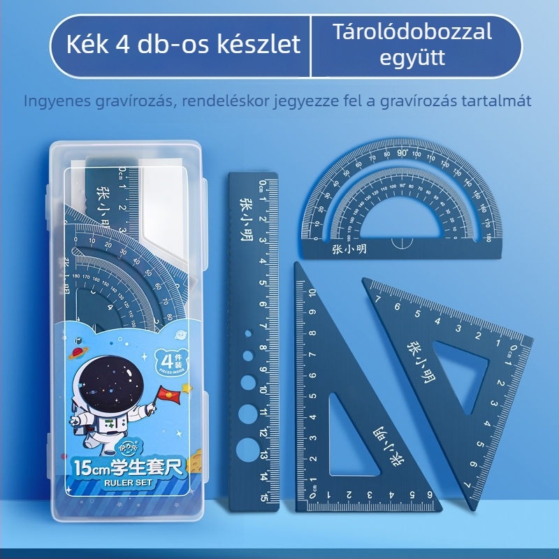 Gravírozott alumínium ötvözetű vonalzó készlet általános iskolások számára – egyenes vonalzó, szögmérő, háromszög vonalzó – négy darabos készlet