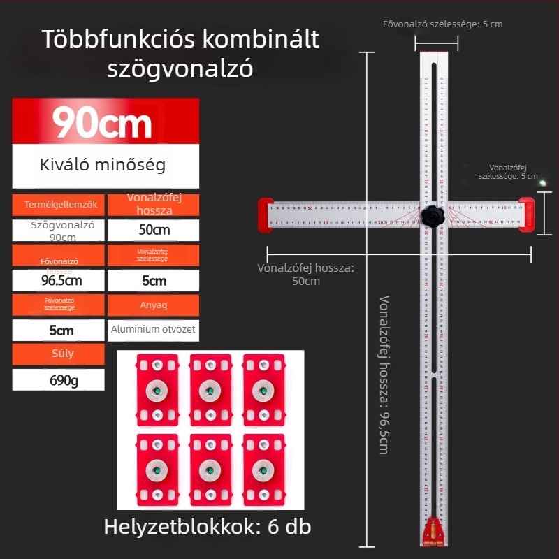 Faipari többfunkciós T-szögmérő, 2-in-1 lyukpozicionáló, állítható szögmérő és kombinált négyzet