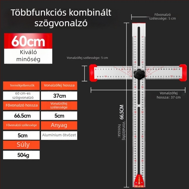 Faipari többfunkciós T-szögmérő, 2-in-1 lyukpozicionáló, állítható szögmérő és kombinált négyzet
