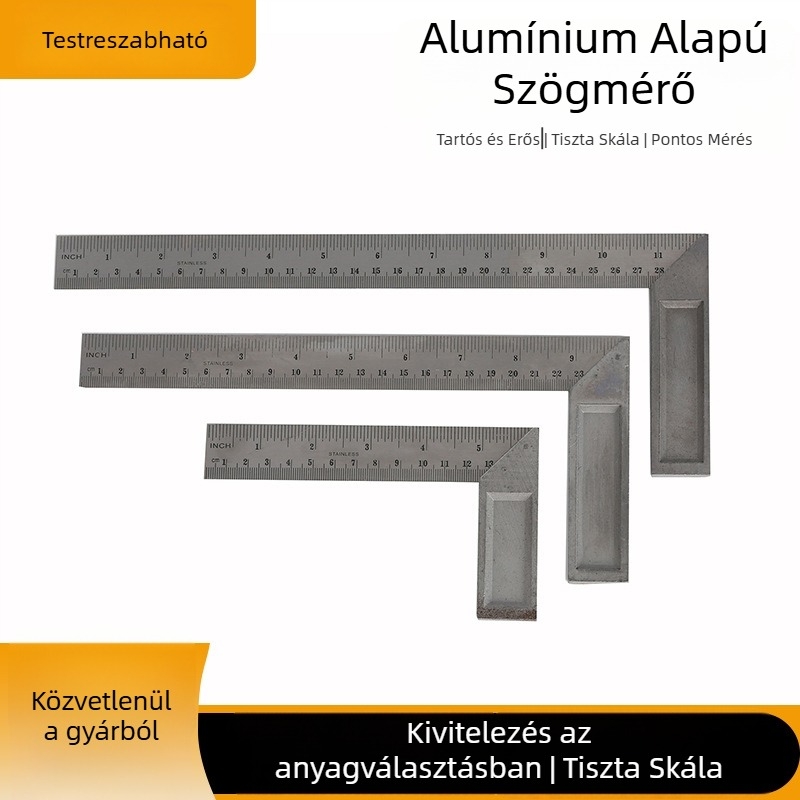 Sárga bevonatú derékszögmérő alumínium alapú, 8 hüvelyk (300 mm), acél szalaggal, faipari használatra.