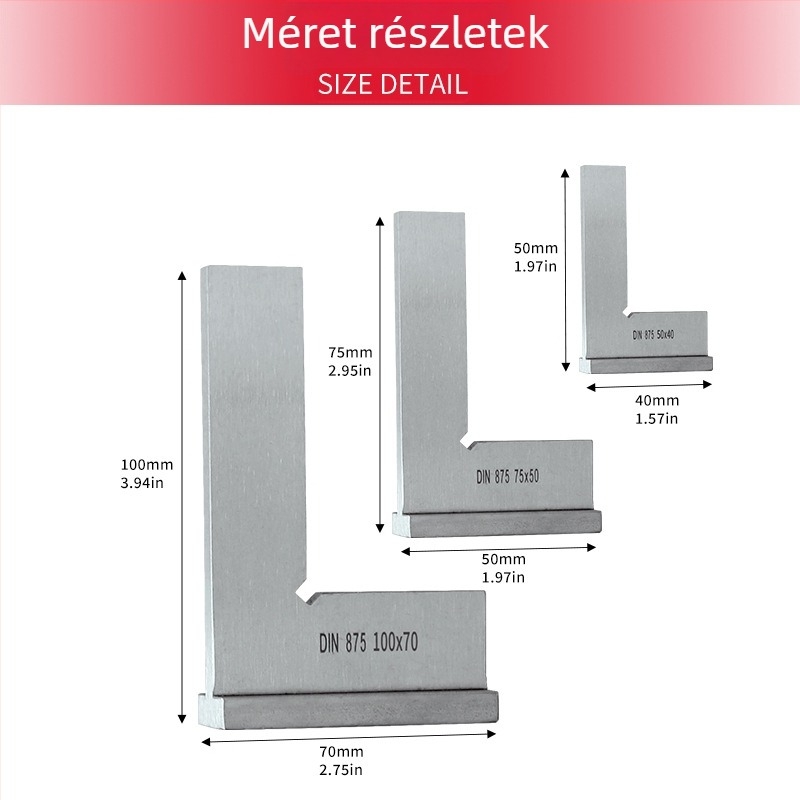 L‑alakú szögmérő szénacélból, széles alapú, 90° protrakciós mérő és sík élű mérőeszköz