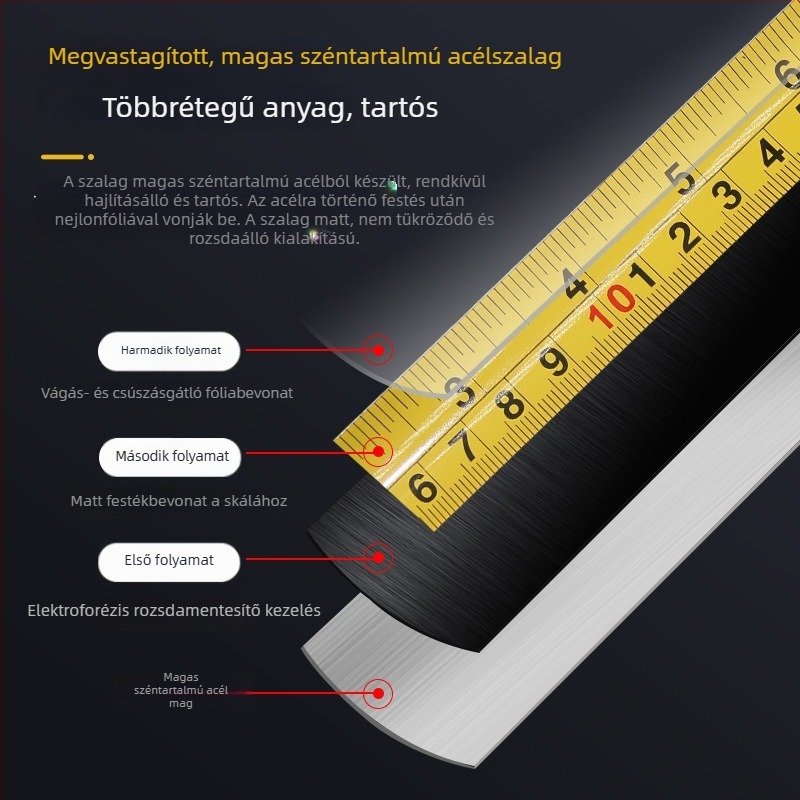 Zongtian mérőszalag, 5 m, erős rozsdamentes acél tok, ütésálló és kopásálló; elérhető 3 m, 7,5 m és 10 m.