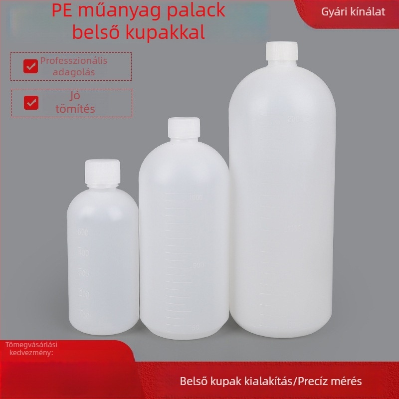 Kisnyakú műanyag üveg mérőskálával és belső kupakkal, 500/1000/2000 ml