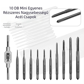 10 db mini menetmetsző készlet egyenes hornyokkal, HSS anyagból, metszőkulccsal, M1×0.2–M3×0.6