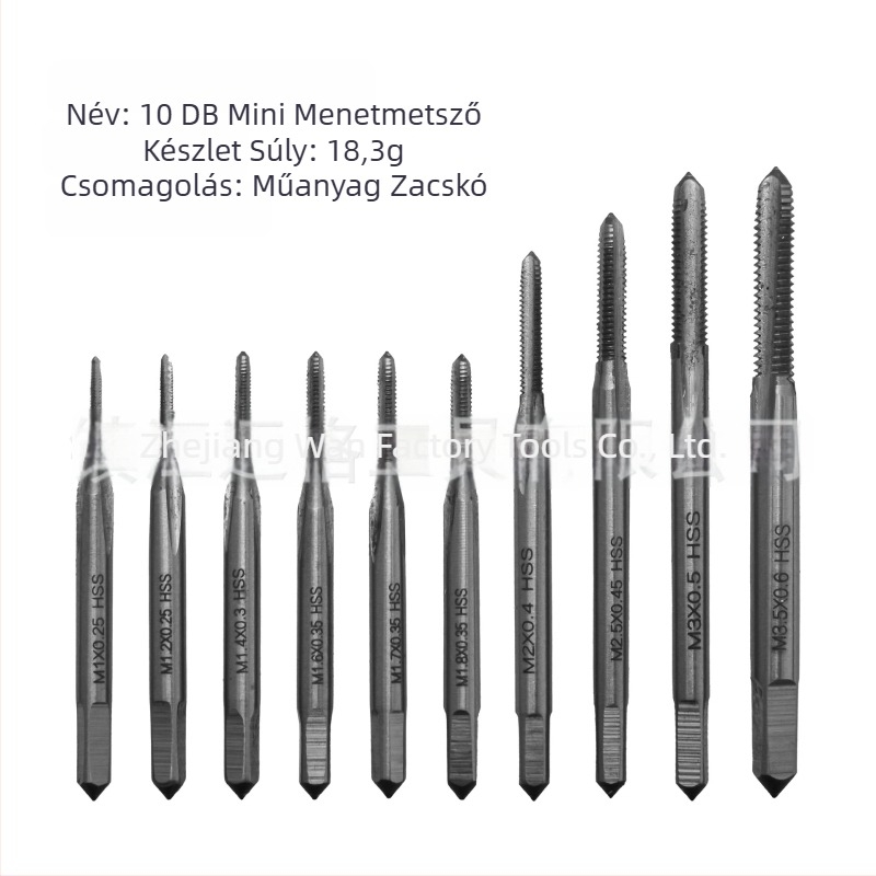 10 db mini menetmetsző készlet egyenes hornyokkal, HSS anyagból, metszőkulccsal, M1×0.2–M3×0.6