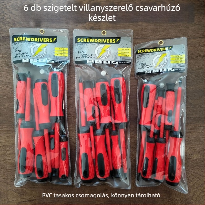 6-darabos szigetelt villanyszerelő csavarhúzó készlet Philips és lapos fejű végekkel, erősen mágneses csúcsokkal.