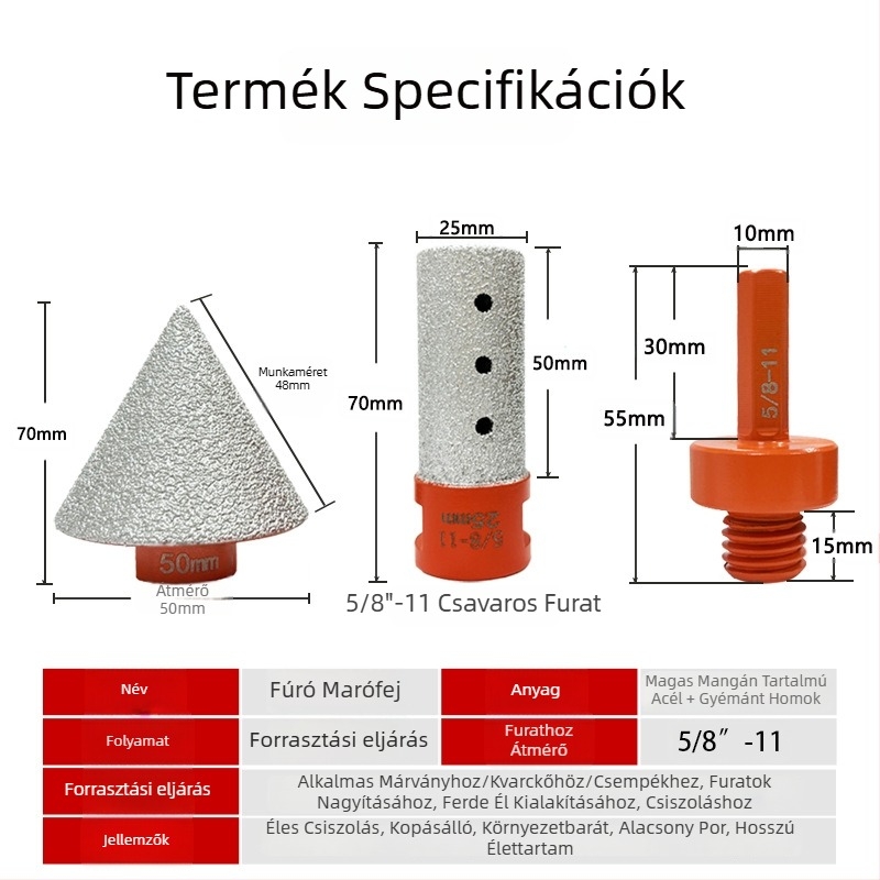 Forrasztott gyémánt élvágó maró készlet csempe- és kőfelülethez, konusos átreszítő fej 5/8-11, finiselő fej, 3 darab