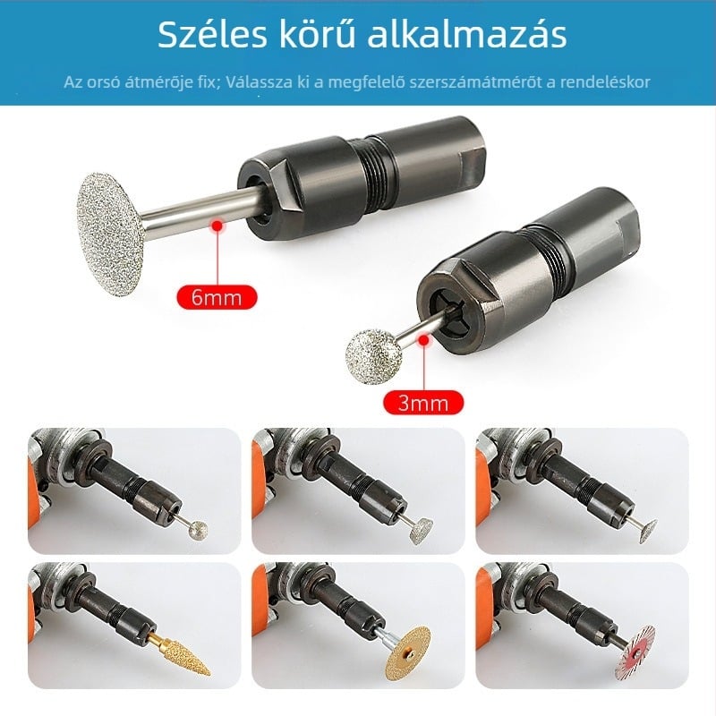 Szögcsiszoló átalakító fej – egyenes csiszoláshoz és gravírozáshoz, 6 mm és 3 mm csatlakozóval, magas széntartalmú acél