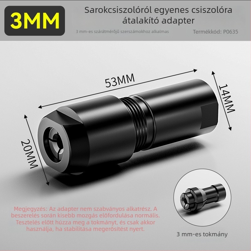 Szögcsiszoló átalakító fej – egyenes csiszoláshoz és gravírozáshoz, 6 mm és 3 mm csatlakozóval, magas széntartalmú acél